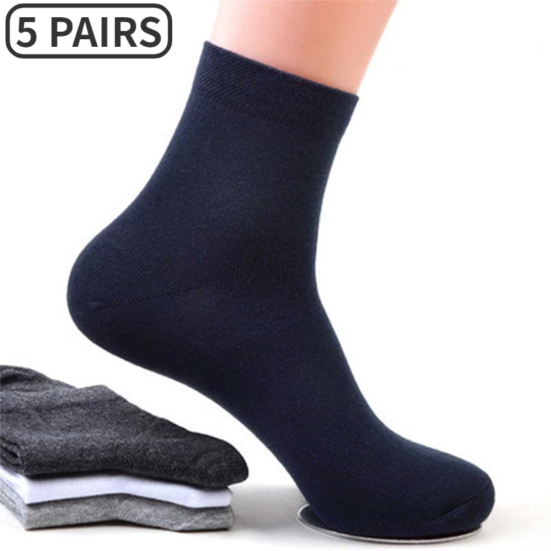 5 Pairs/Lot Men Business Socks Middle Tube Solid Color Black White Gray Breathable Casual Cotton Male Crew Socks Soft Calcetines