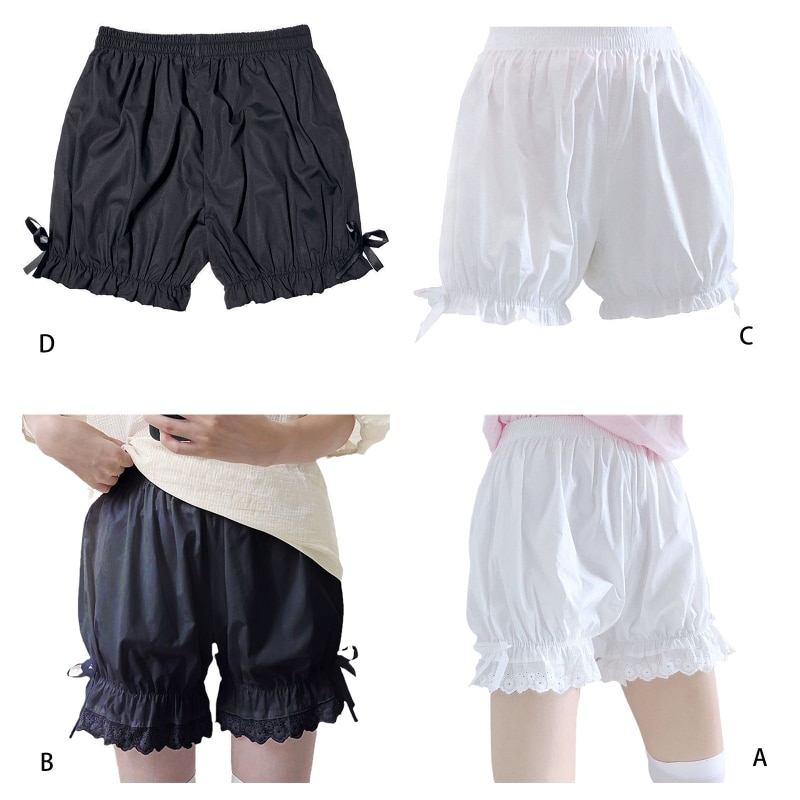 Women Vintage Victorian Gothic Bloomers Ruffled Lace Trim Lolita Pumpkin Shorts Cute Sweet Bowknot Loose Safety Pants