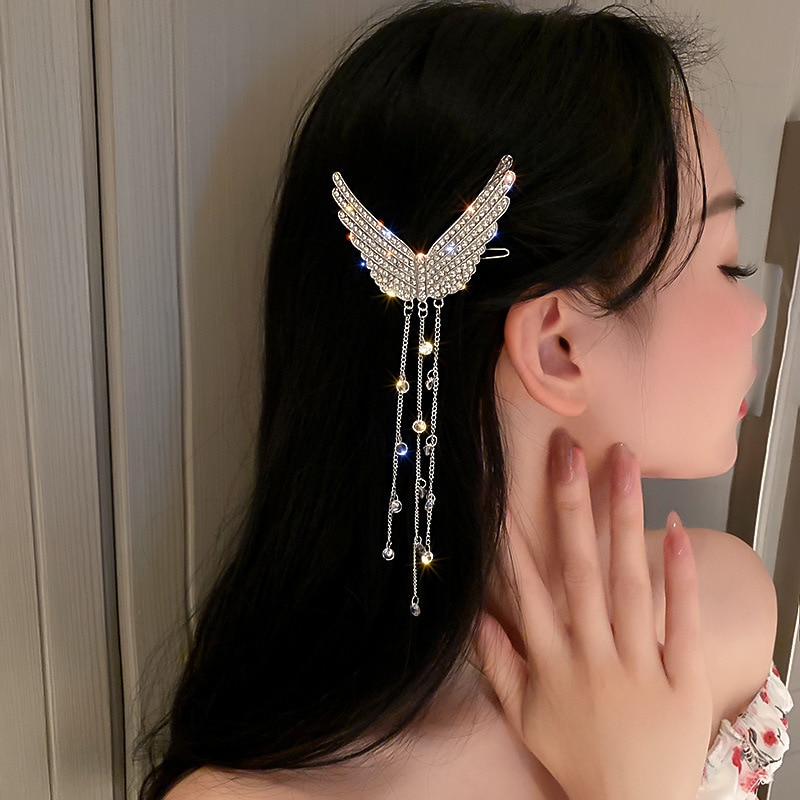 New Tassel Crystal Hairpin women Elegant Rhinestone Paved Wing Hair Clip Silver Chain Ornament Hair Grip Barrettes Accessories