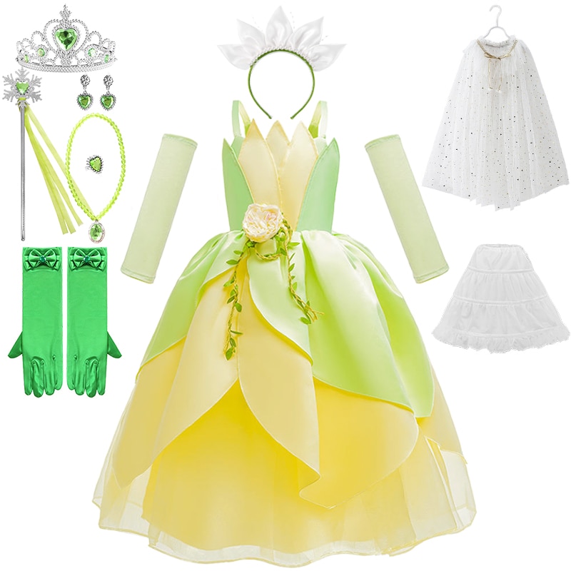Fancy Girl Flower Forest Fairy Tulle Tiana Princess Dress Children Carnival Cosplay Birthday Party Flowers Leaves Elf Costume