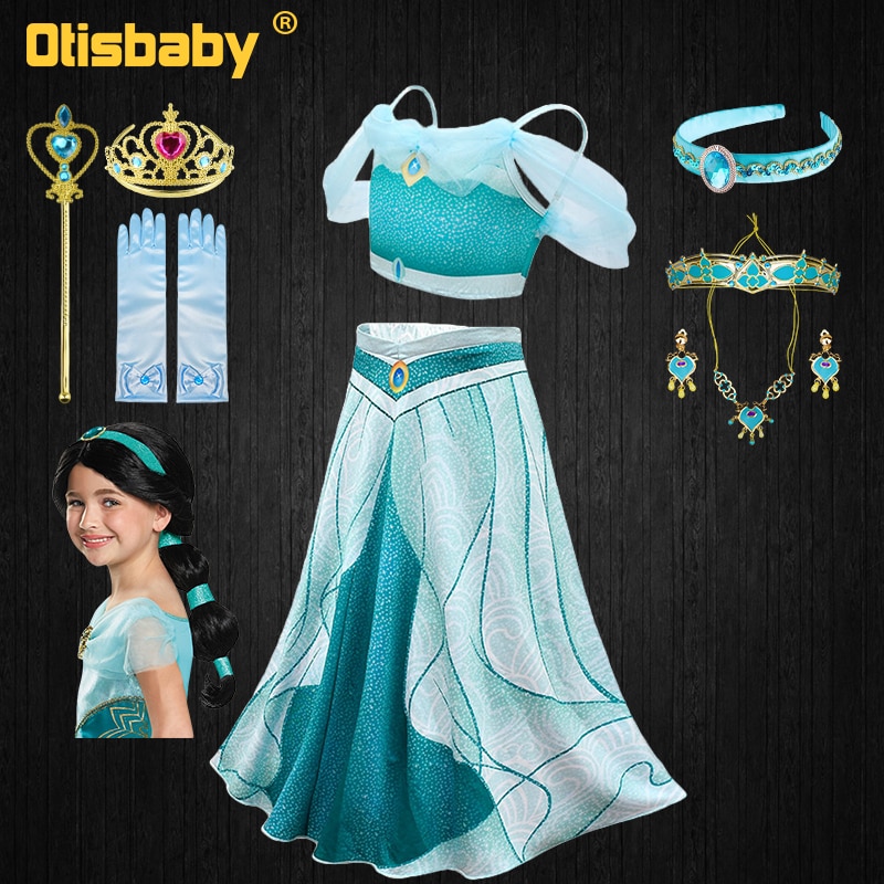 2PCS Fancy Girls Jasmine Cosplay Costume Halloween Children Holiday Beach Shoulderless Backless Sling Princess Party Dress Up