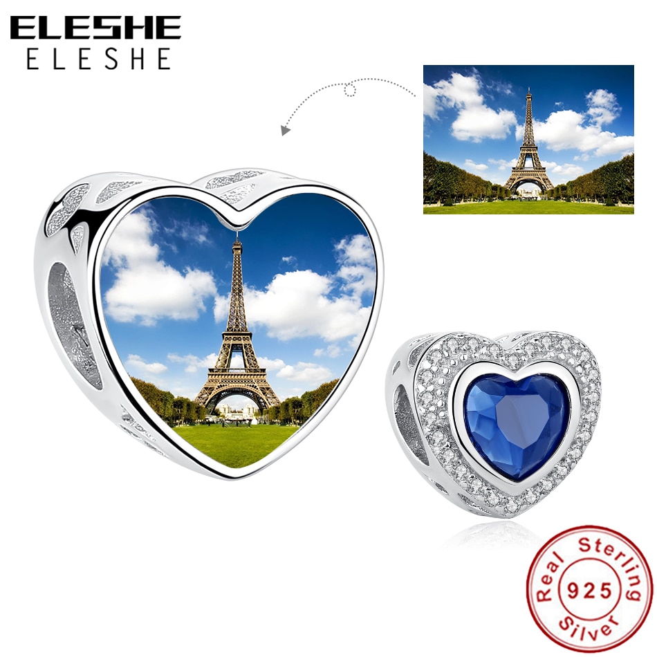 ELESHE Eiffel Tower Photo Custom Charm 925 Sterling Silver Blue Heart Round Bead Fit Original Bracelet DIY Jewelry Making Gift