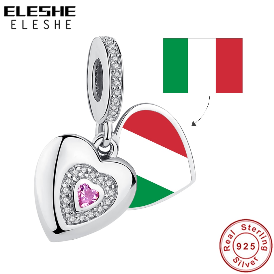 ELESHE Flag Customization Photo Charm 925 Sterling Silver Romantic Pink Heart Dangle Bead Fit Original Bracelet For Women Gift