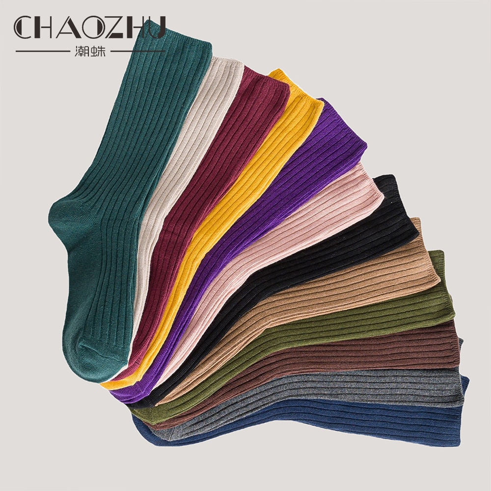 5 pairs solid ribbed crew socks women mixed color 4 seasons fit