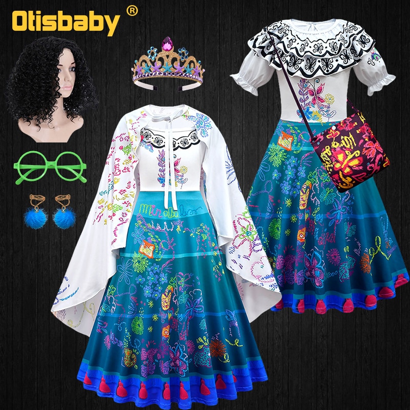 NEW 2-12 Years Children Girls Encanto Role Play Costume Halloween Infant Girl Child Ruffle Vintage Butterfly Print Mirabel Dress