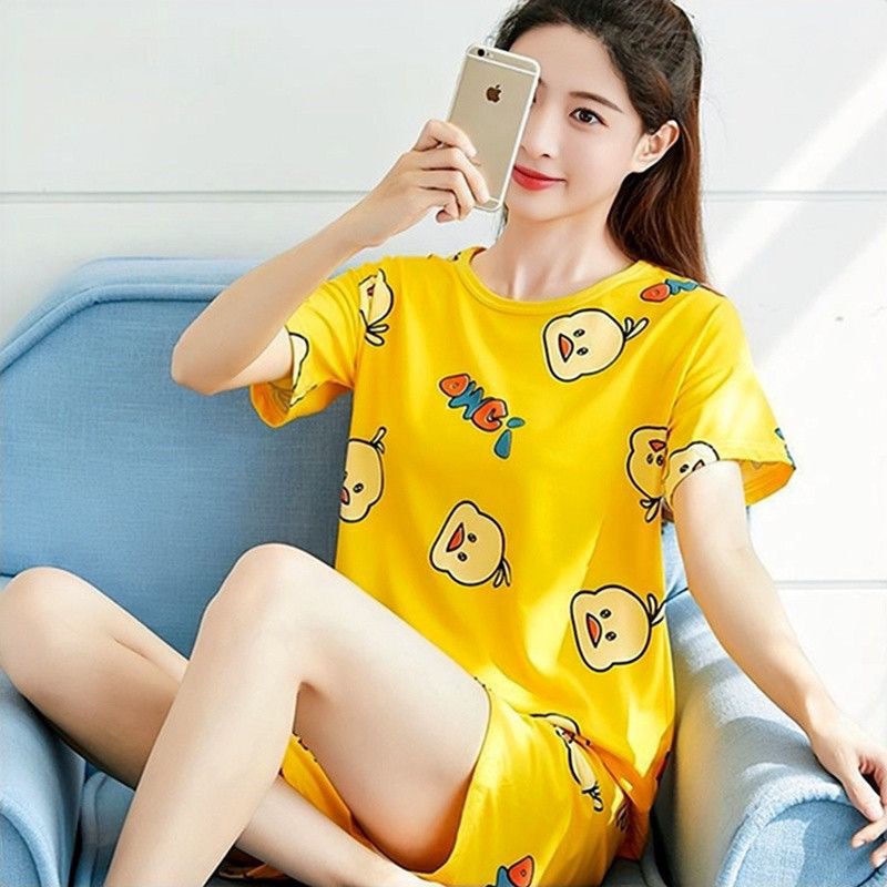 MAY LOVE YOU Women's Pajamas Set Thin Sweet Short-Sleeved Shorts Nightgown Teenager Set Cute Cartoon Girl Sleepwear Home Cl