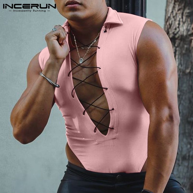INCERUN 2022 Comfortable Homewear Men Onesies Sleeveless Solid All-match Simple Bodysuits Cross Straps Front Lapel Rompers S-5XL