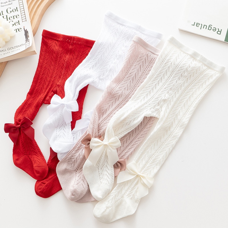 Summer Spanish Style Baby Girls Tights Hollow Breathable Infant Bowknot Pantyhose Soft Cotton For 0-3 Years Toddler Kids Pants