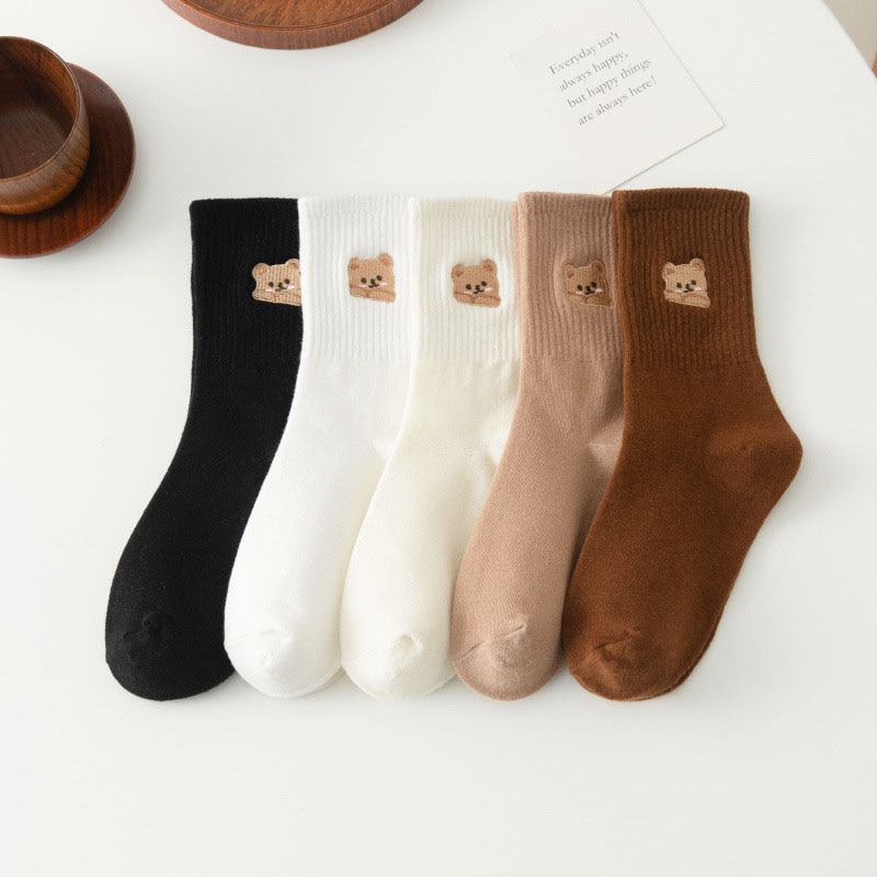 Bear Embroidered Socks Womens Tube Socks Autumn and Winter Japanese Cotton Cute Cartoon Kawaii Breathable Sweat Absorb Socks