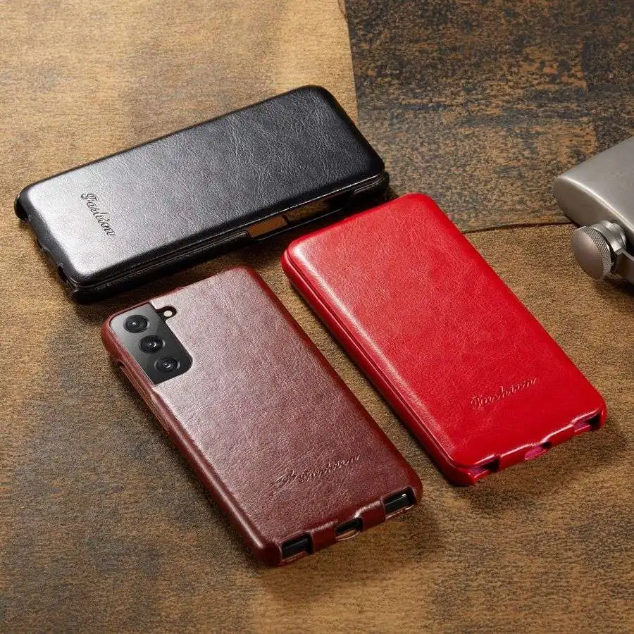Genuine Leather Vertical Flip Cover Case for Samsung Galaxy S22 Plus S21 S24 Ultra S23 with Free