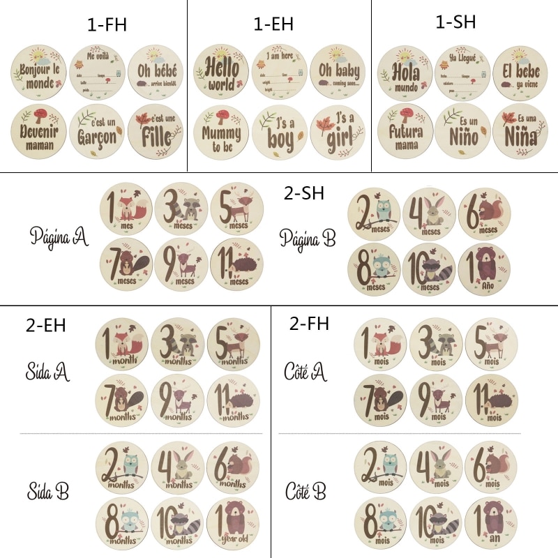 6 Pcs Handmade Baby Milestone Card Deer Horns Floral Printed Gender/Month Wood Card Newborn Monthly Cards Spanish English French