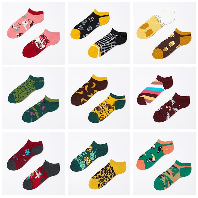 Cartoon Woman Socks Asymmetrical Women Sock Fashion Ab Funny Cotton Boat Sox Standard Couples Spring Summer Calcetines Hombre