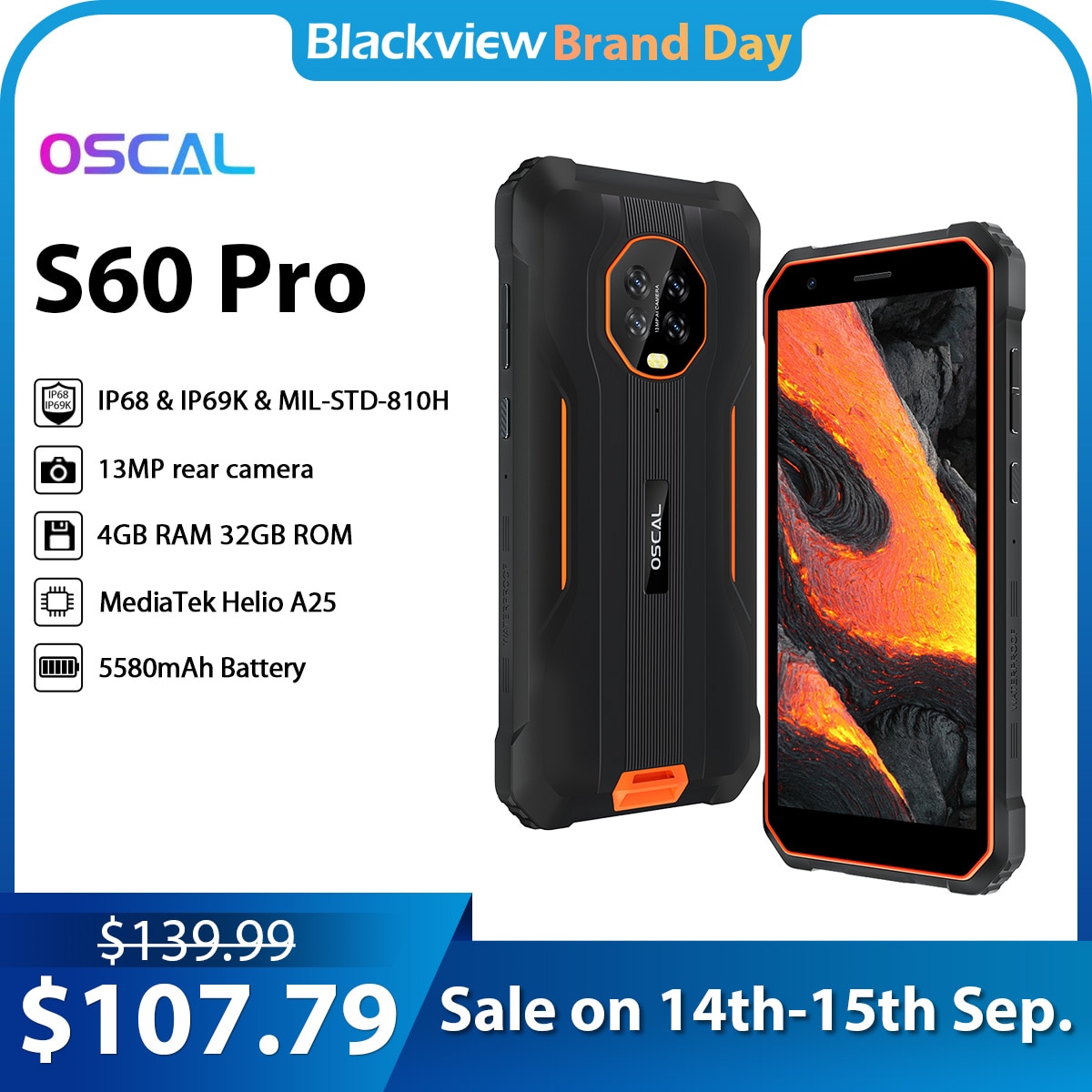 Blackview Oscal S60 Pro IP68 Waterproof Rugged Smartpone 5.7 Inch Display 4GB+32GB 5580mAh Android 11 8MP+13MP Mobile Phone NFC