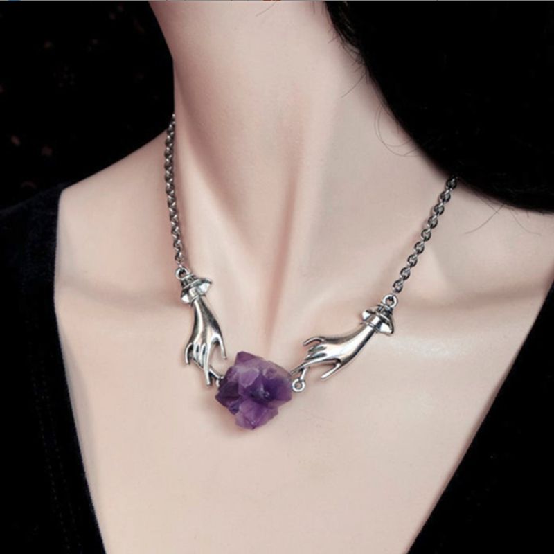 Fashion Silver Color Unsual Necklace for Women Chain Amethyst Pendant Necklace Jewelry