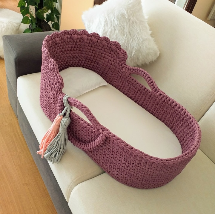 Jaju Baby Moses Basket my plum Brown Knitted Stroller, newborn baby basket, baby basket, handmade baby knitting basket