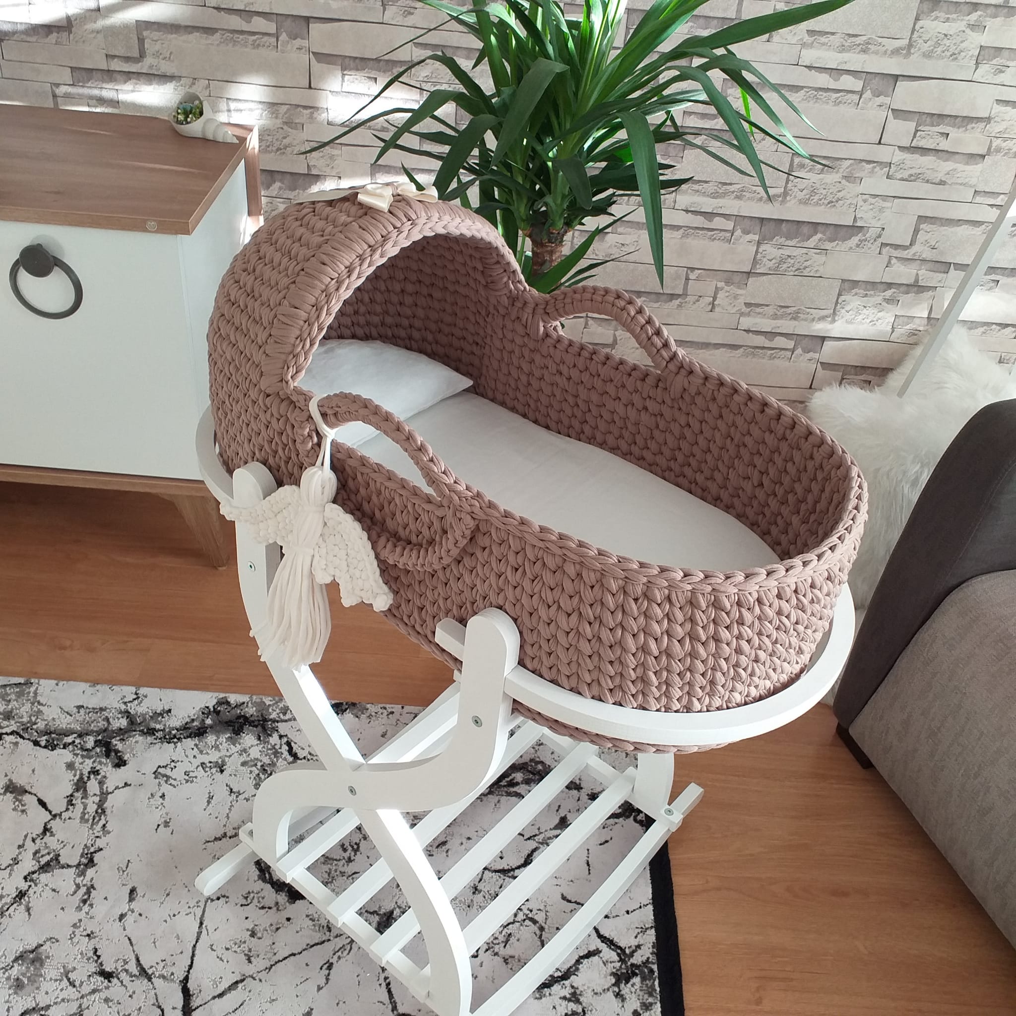 Jaju Baby Moses Basket Plain Brown Ribbons Knitted Stroller, newborn baby basket, baby basket, handmade baby knitting basket
