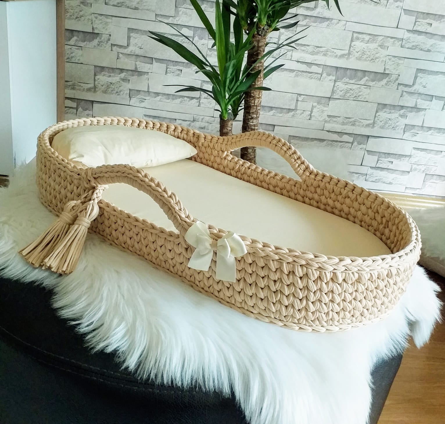 Jaju Baby Moses Basket Bottom cappuccino Knitted Stroller, newborn baby basket, baby basket, handmade baby knitting basket