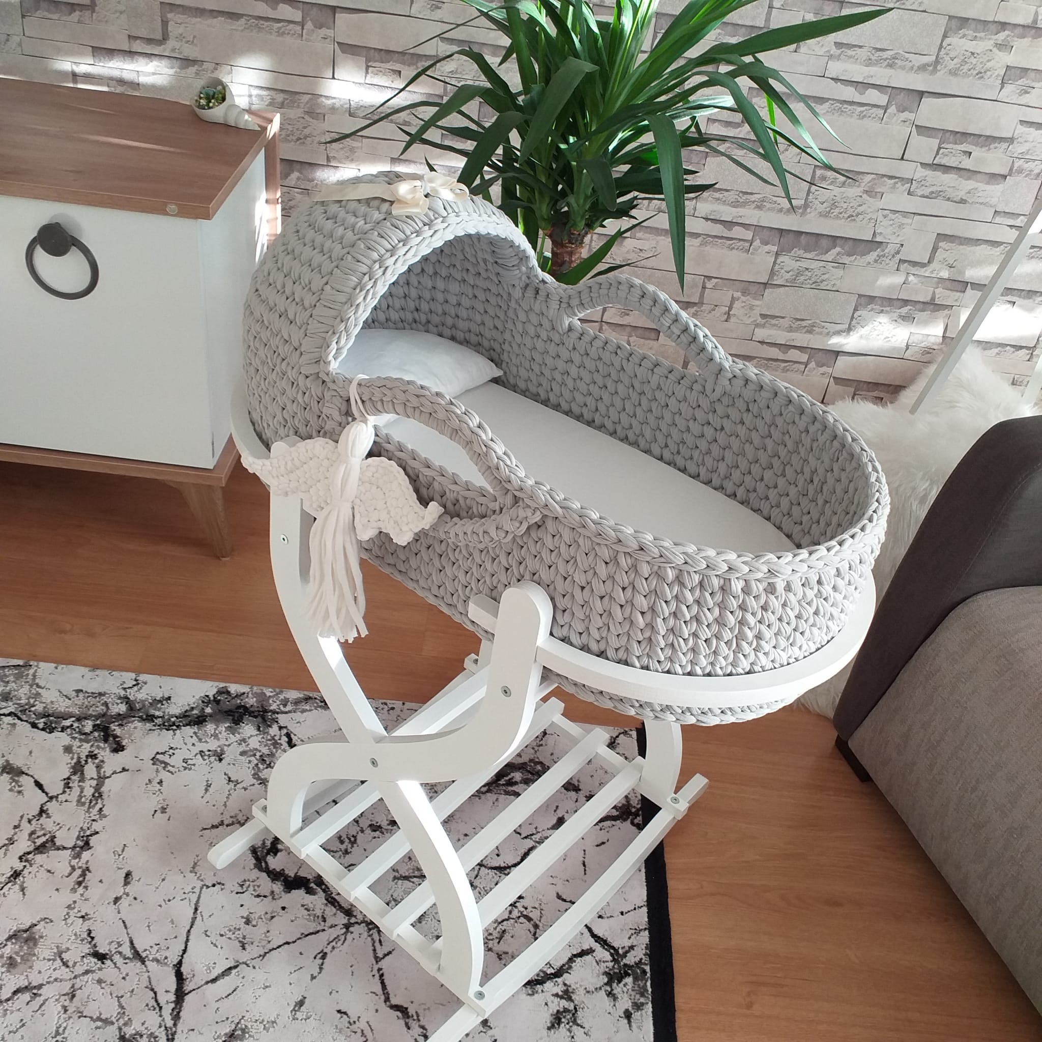 Jaju Baby Moses Basket Gray Knitted Stroller, newborn baby basket, baby basket, handmade baby knitting basket