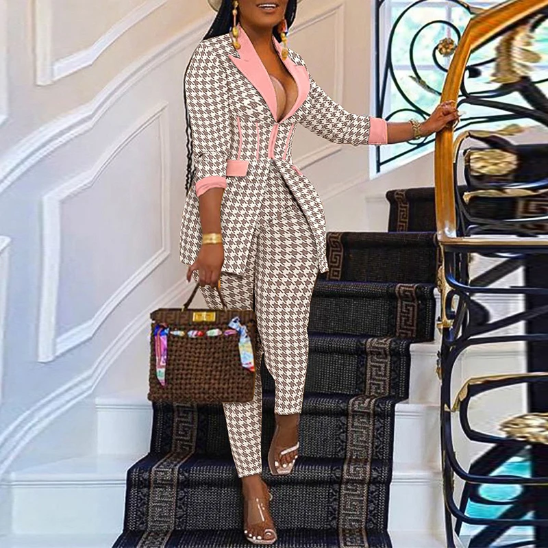 Women Spring Autumn Casual 2 Piece Set Vintage Print Long Sleeve Jacket Top & Pants Set Office Lady
