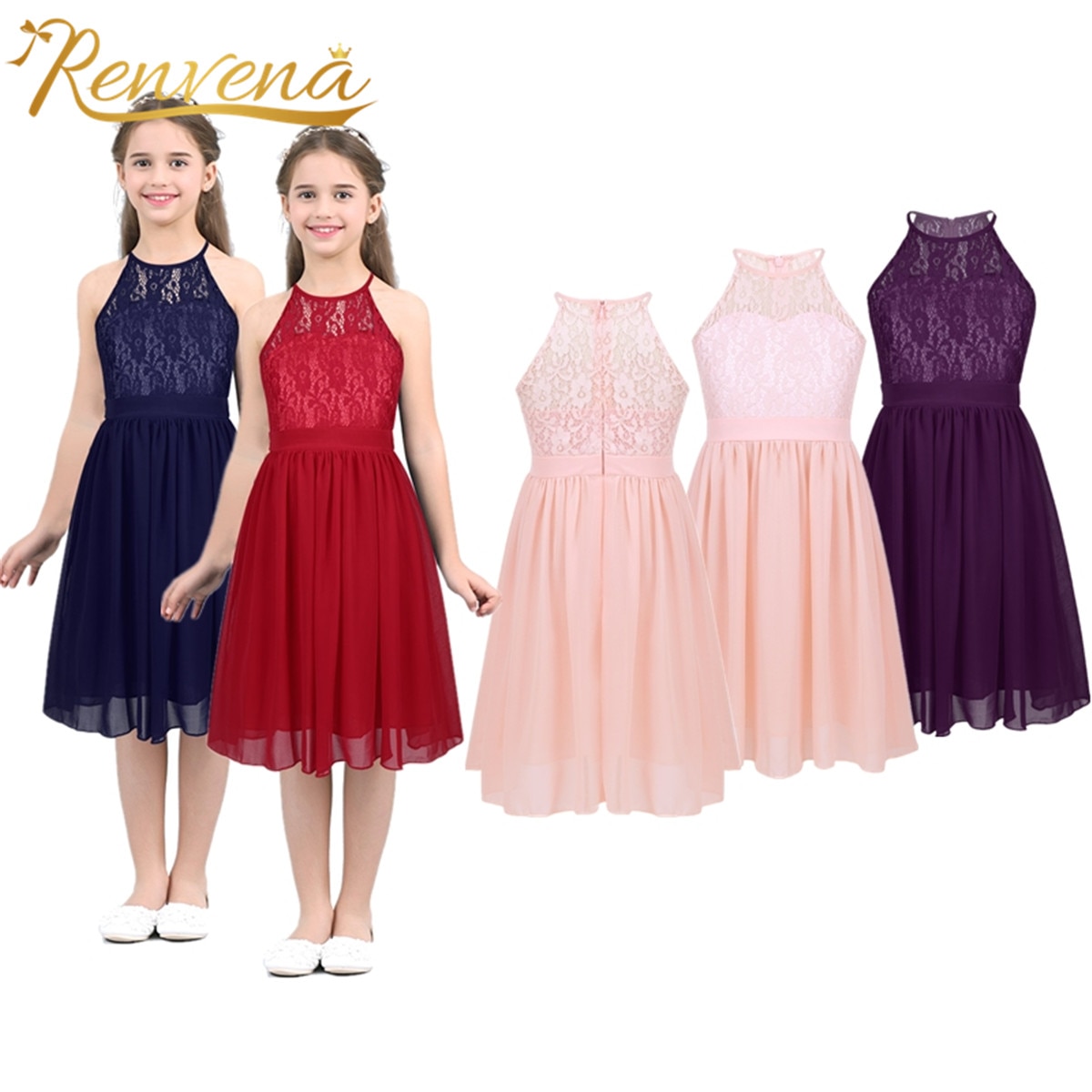 Kid Flower Girls Dress for Wedding Evening Children Halter Neck Lace Chiffon Princess Formal Birthday Party Kids Dress For Girls