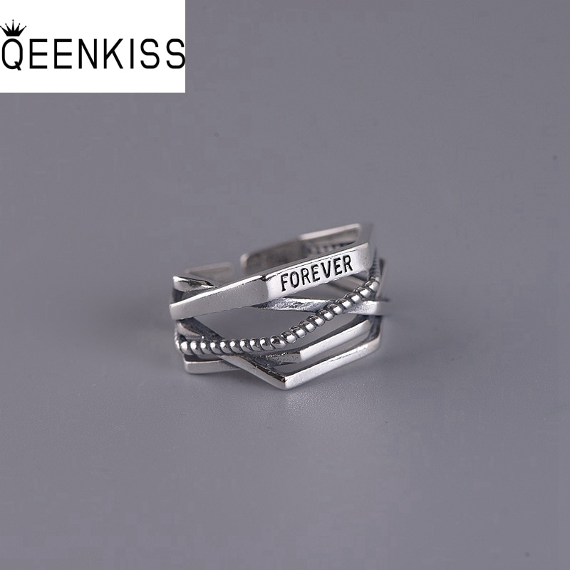QEENKISS RG6737 Jewelry Wholesale Fashion Woman Man Birthday Wedding Gift Retro Irregular Weave 925 Sterling Silver Open Ring