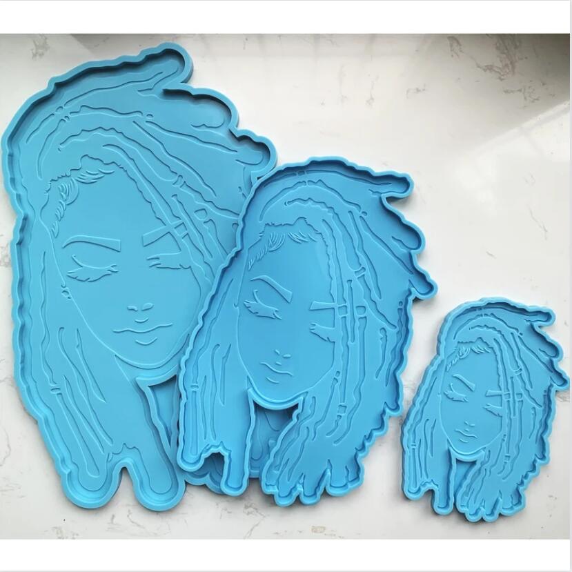 Lydia 37cm Large 14.6" Dread Locs Woman Tray Mold Dread Girl Silicone Resin Mould with Handle Table Mat Resin Mirror Frame