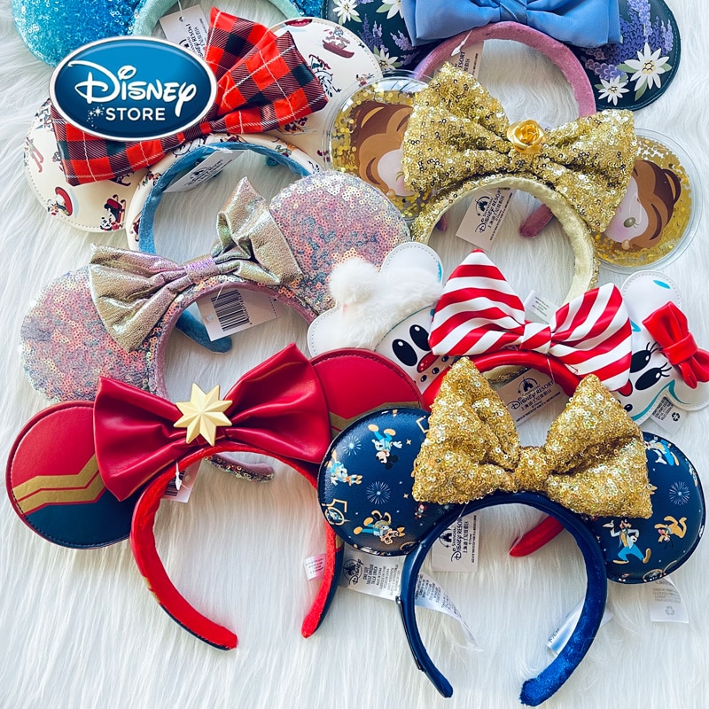 2023 Original Disney Mickey Ears Headband Shanghai Disneyland Minnie Leather Headband Hairband Sequin Bow Party Hair Accessories