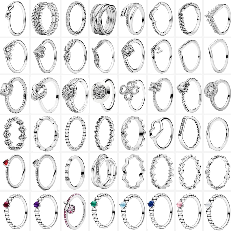 The New Silver Color Style Rings Flower Feather Beaded Heart Moon Pavé Sparkling Pantaro Rings Women Europe 925 Silver Jewelry