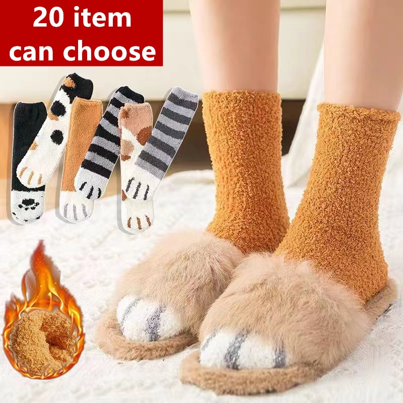 20 Item Kawaii Socks for woman Cartoon Cute Cat Paw Pattern Female Fleece Warm Funny Home Floor Sleeping snowfield Thick 1 pairs