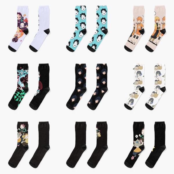 Demon Slayer Chibis Tanjiro Kamado Haikyuu Hinata Crew Socks Girls Breathable Sports Unisex Comfortable Mens Women Best Short
