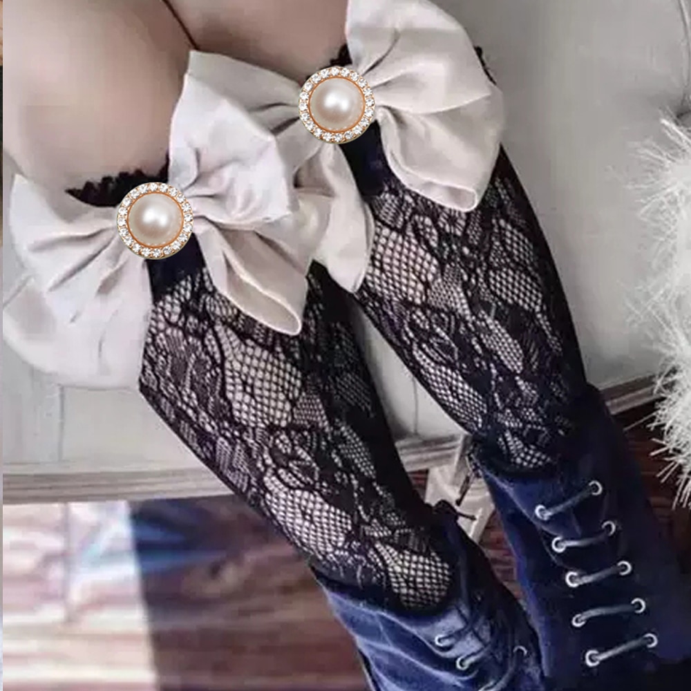 2PCS 0-6Years Rhinestone Children Royal Knee High Fishnet Socks Baby Girls Toddler Bowknot In Tube Socks Kid Hollow Out Sox