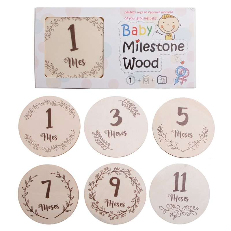 6 Pcs/Set Handmade Baby Milestone Cards Newborn Monthly Recording Cards Spanish Language Letters Flower Print Photocards Infants