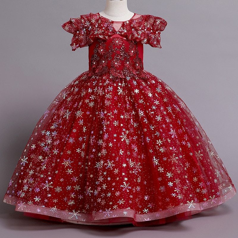 Child Girl Dress Evening Party Formal Long Gowns 12 Year Kids Clothes Luxury Cocktail Wedding Dresses Snowflakes Red Pink Frocks