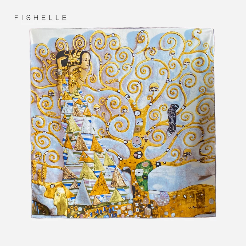 Golden oil painting 100% natural silk scarf women head scarfs luxury real silk satin 90x90 square