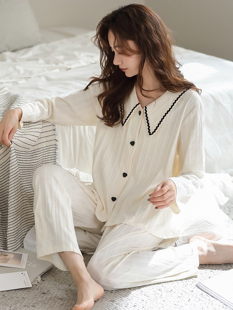 Cotton Pajamas Women Long Pants 2022 Spring Stripe Bedroom Sleepwear Home Clothes 2pcs PJ Set Cotton White Pyjamas Women