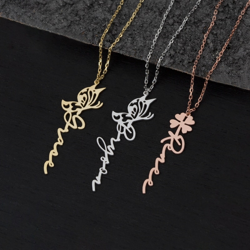 Custom Butterfly Name Necklace Stainless Steel Jewelry for Women Personalizado Flower Nameplate Choker Cadeau