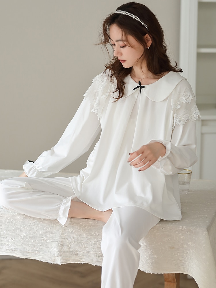 Spring Sleepwear 100% Cotton Women Pajamas Set Lace Edge Home Clothes Bow Decoration Pj White Nightwear Femme Pijamas For Ladies