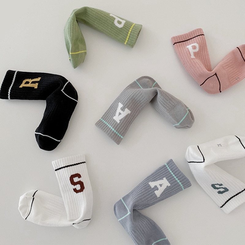 4Pairs Pack 1-8 Year 2022 Spring and Autumn New Solid Color Letter Sports Socks Tide Children's Socks