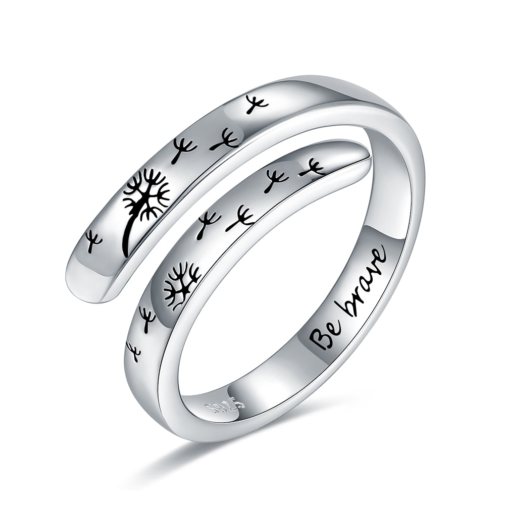 925-Sterling-Silver Adjustable Dancing Dandelion Rings for Women - Engraved Be Brave Encouragement Jewelry Gifts for Girls Men
