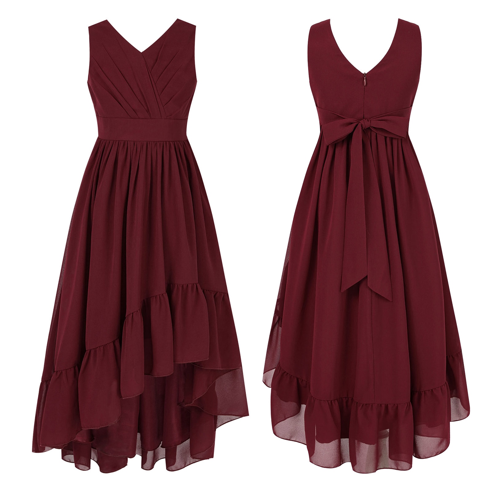 KIds Girls Sleeveless Formal Party Dress V Neck Ruffle Asymmetrical Hem Chiffon Dresses for Wedding Birthday Stage Performance