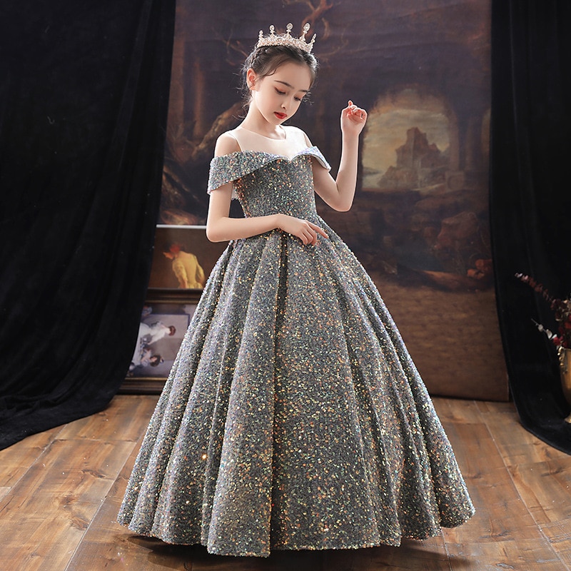 Child Girls Evening Shiny Dress for Wedding Party Formal Luxury Sequin Long Dresses Elegant Teen Cocktail Bridesmaid Ball Gown