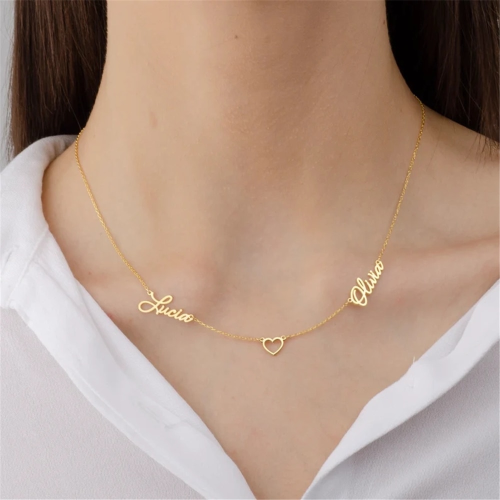 Multiple Two Name Necklace with Heart Kids Dainty Personalized Jewelry Family Mother Day Gift Double Name Necklaces Charms