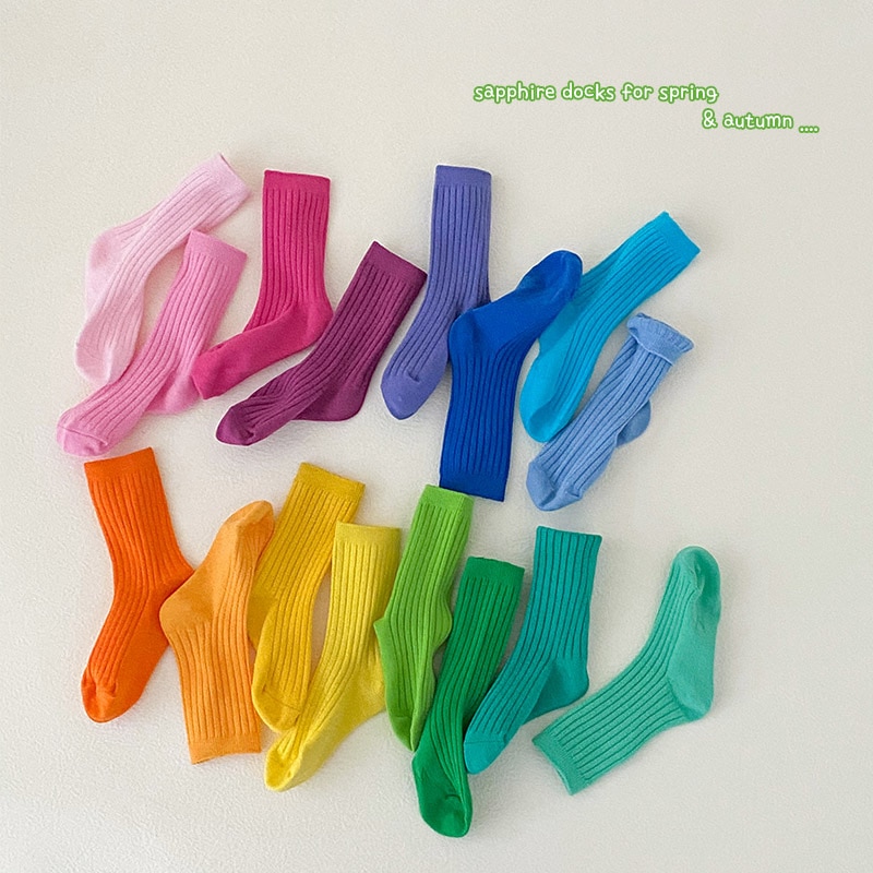 1-12 Year 4 Pairs 2022 spring new candy color double needle tube socks 18 colors boys and girls socks