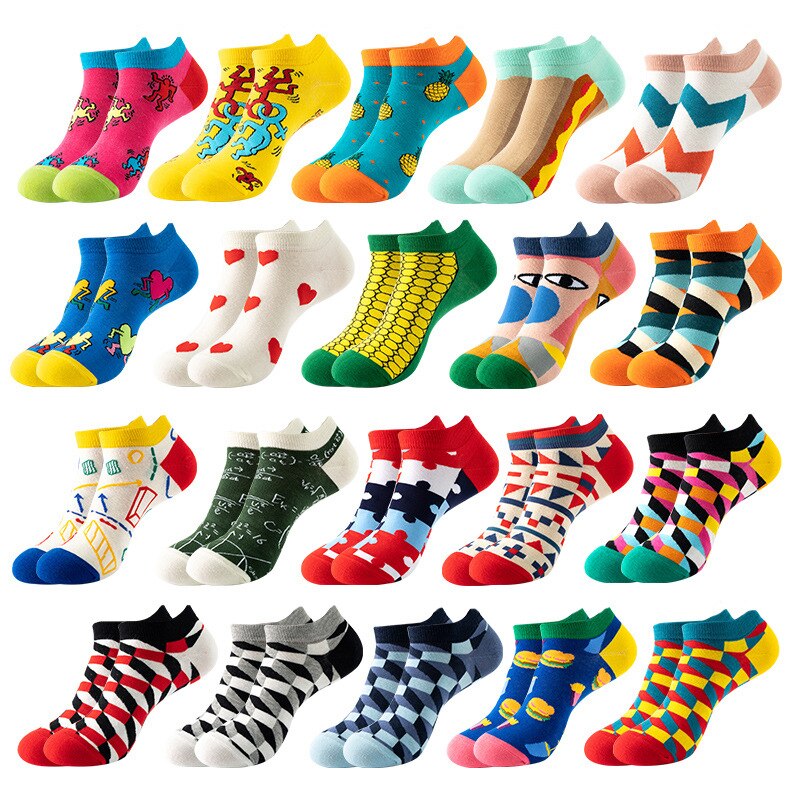 4Pair Unisex Fashion Cotton Men woman Socks Harajuku Art Oil Painting Cartoon Socks Fruit Animal Casual Ankle low cut Socks
