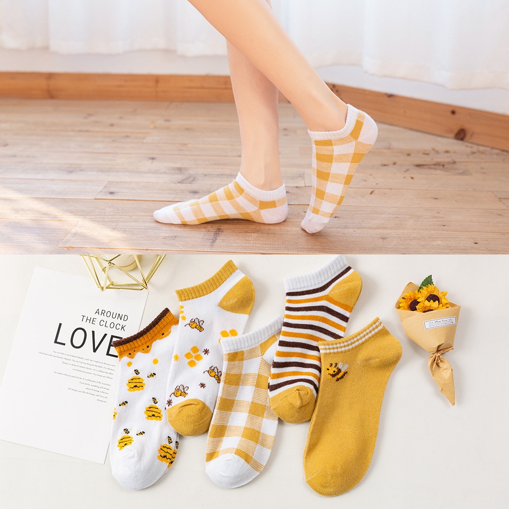 5 Pairs/lot Brand Elegant Funny Cute Honney Women Yellow Short Female Low Cut Ankle Cartoon Socks Summer Spring Girl Cotton Sox