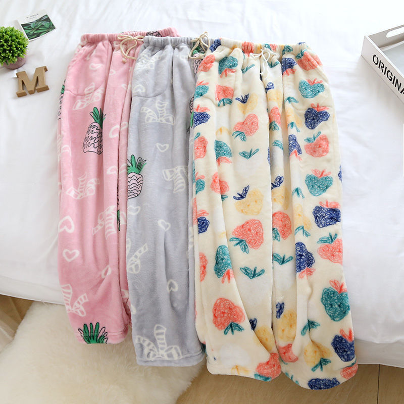 Winter Women's Flannel Pajama Pants Home Pants Thickened Large Size Loose Pockets Cartoon Cute