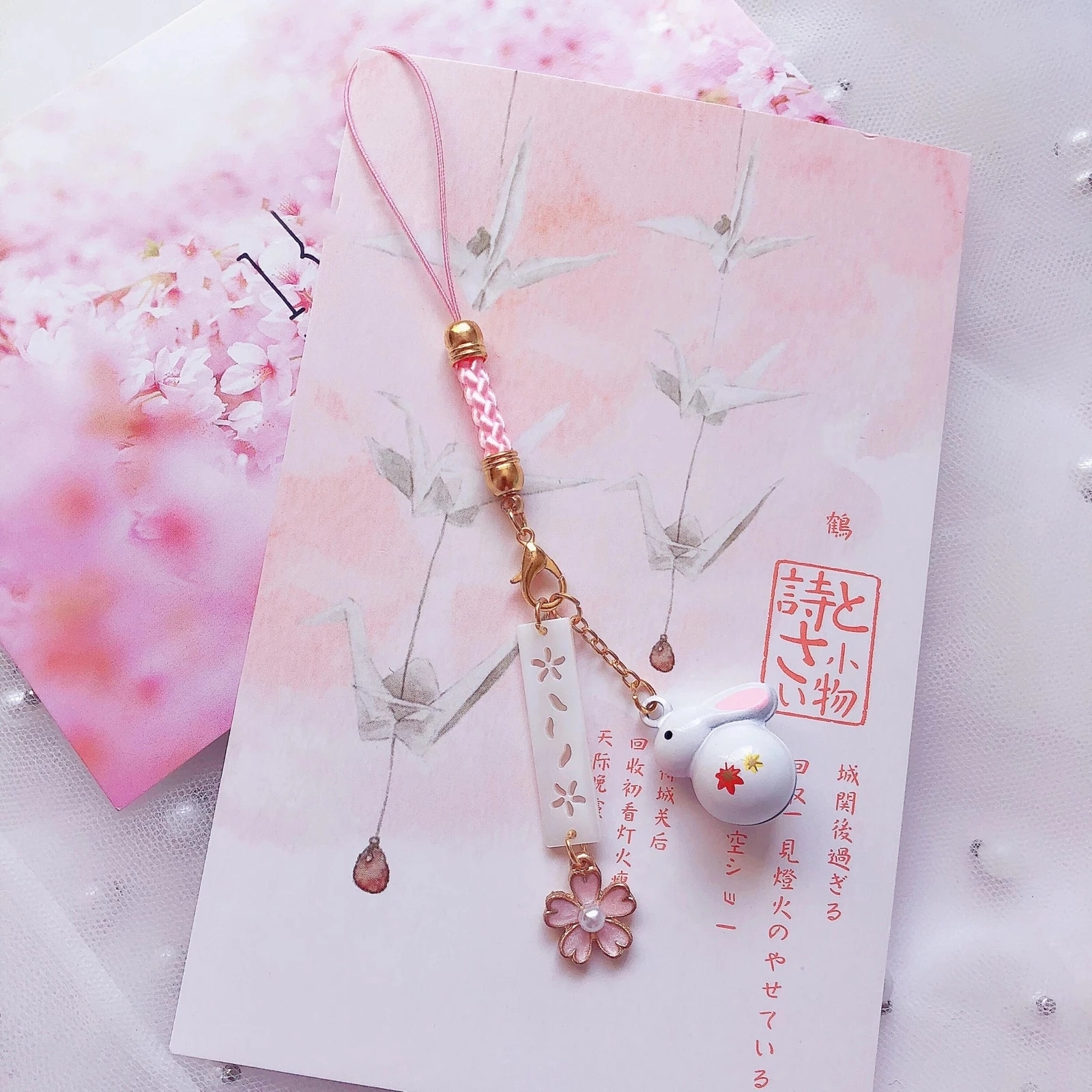 Ins Cherry Blossom Rabbit Mobile Phone Chain Women Cute Cartoon Luck Cat Key Pendant Phone Case Lanyard Jewelry Birthday Gifts