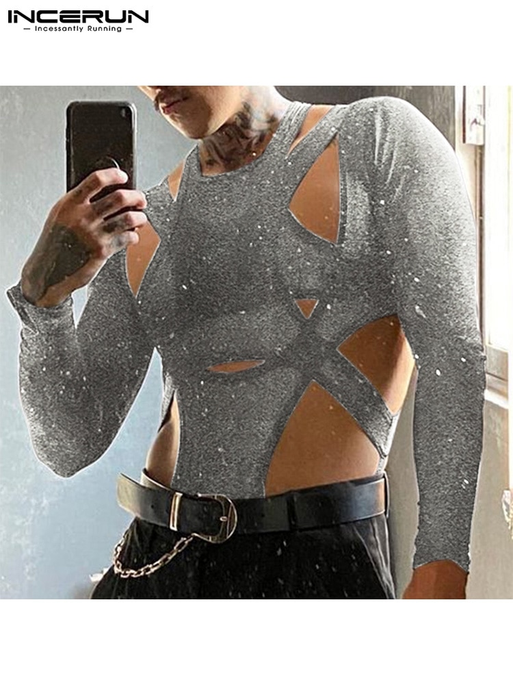 Men Bodysuits Solid Color Sexy O-neck Long Sleeve Fitness Irregular Bodysuit Men Hollow Out Streetwear Tops Romper S-5XL INCERUN