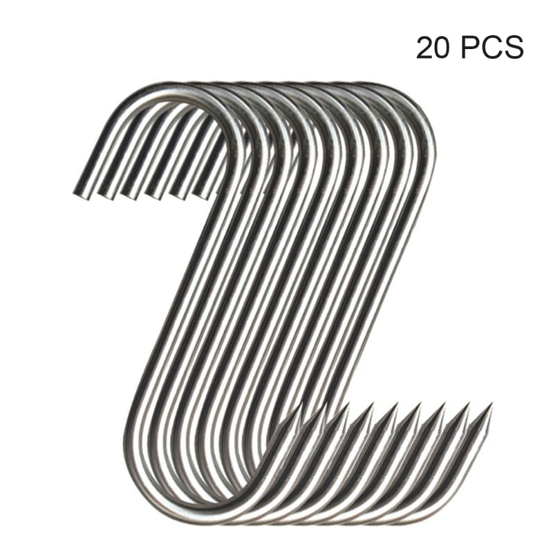 20Pcs/Set Stainless Steel S Hooks with Sharp Tip Utensil Meat Clothes Hanger Hanging Hooks for Butcher Shop Kitchen Baking Tools