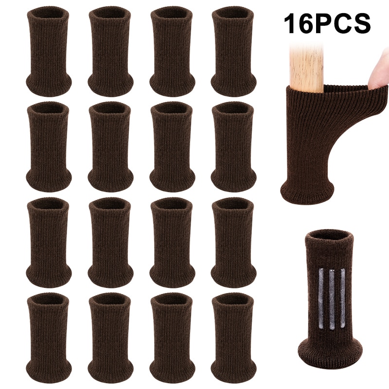 16PCS Knitted Silicone Table Chair Leg Socks Floor Protectors Non Slip Pads Furniture Feet Booties Cover Caps Brown Home Decor